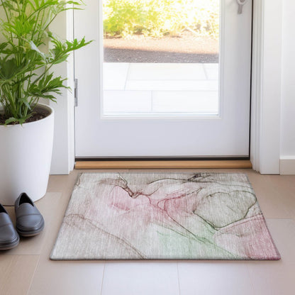 2' X 3' Gray and Pink Abstract Washable Non Skid Indoor Outdoor Area Rug