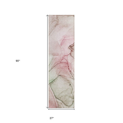 8' Runner Beige and Gray Abstract Washable Non Skid Indoor Outdoor Runner Rug