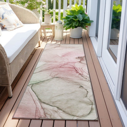 8' Runner Beige and Gray Abstract Washable Non Skid Indoor Outdoor Runner Rug