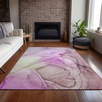 2' X 3' Pink Abstract Washable Non Skid Indoor Outdoor Area Rug