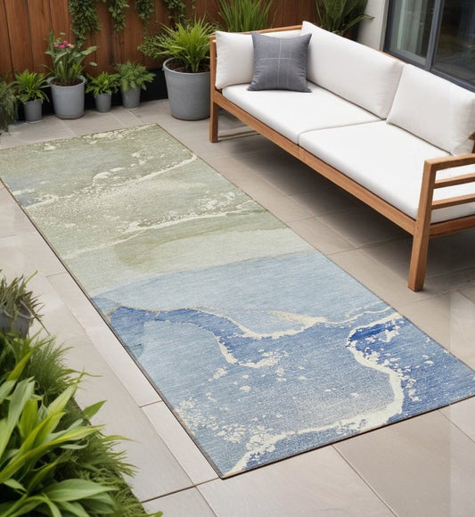 2' X 8' Blue and Green Abstract Washable Indoor Outdoor Runner Rug