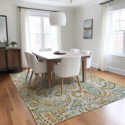 5' X 8' Ivory and Gold Paisley Washable Non Skid Indoor Outdoor Area Rug