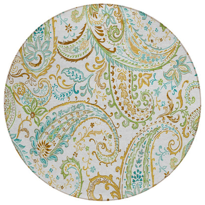 5' X 8' Ivory and Gold Paisley Washable Non Skid Indoor Outdoor Area Rug