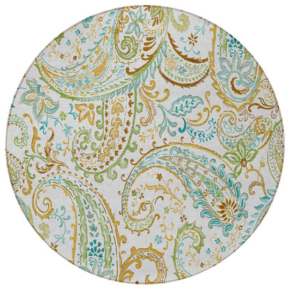 5' X 8' Ivory and Gold Paisley Washable Non Skid Indoor Outdoor Area Rug