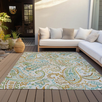 5' X 8' Ivory and Gold Paisley Washable Non Skid Indoor Outdoor Area Rug