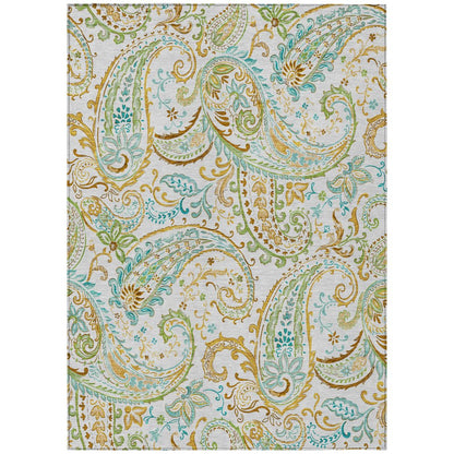 5' X 8' Ivory and Gold Paisley Washable Non Skid Indoor Outdoor Area Rug
