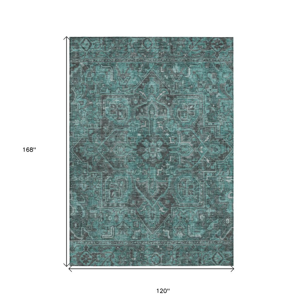 10' X 14' Turquoise Oriental Washable Non Skid Indoor Outdoor Area Rug