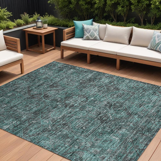 10' X 14' Turquoise Oriental Washable Non Skid Indoor Outdoor Area Rug