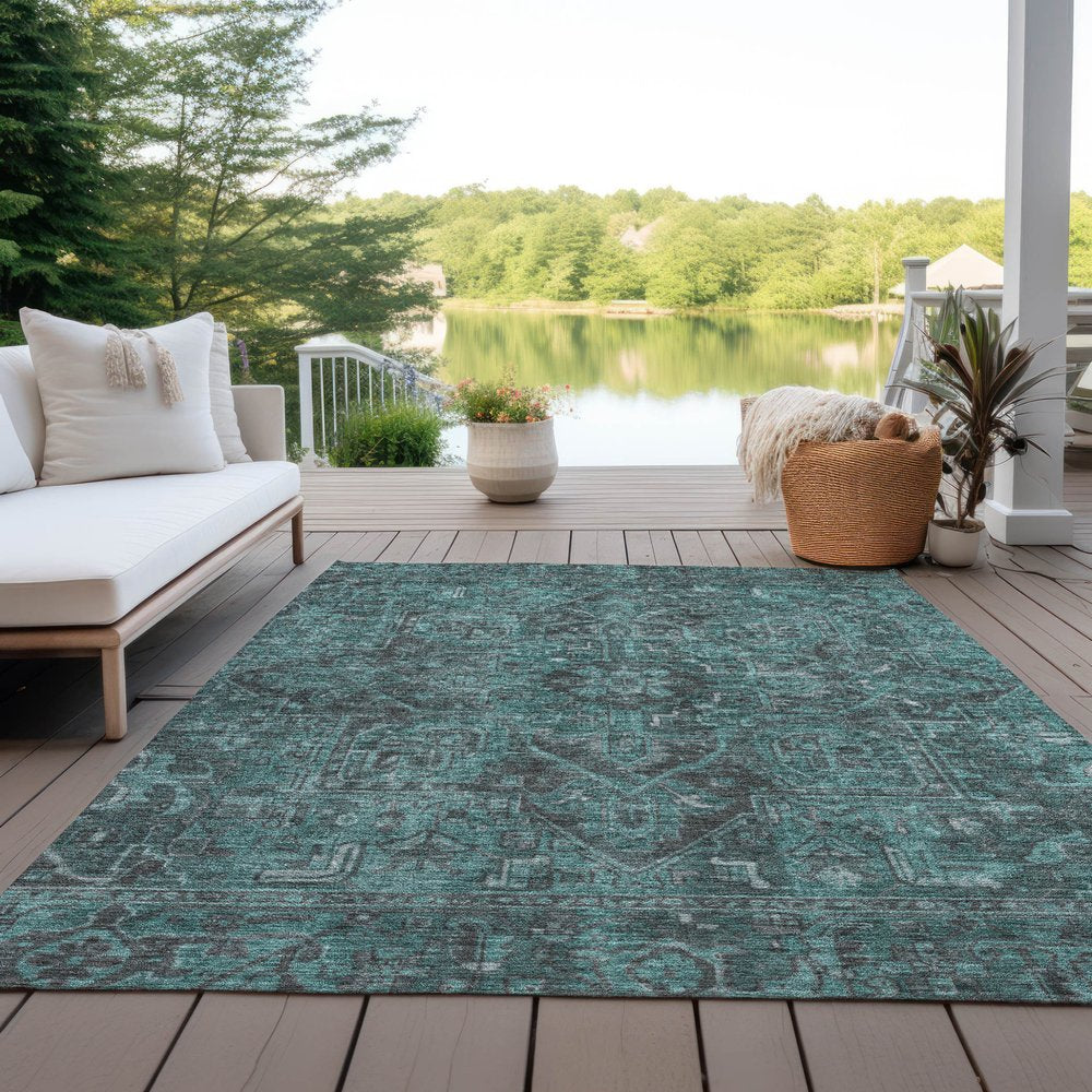 10' X 14' Turquoise Oriental Washable Non Skid Indoor Outdoor Area Rug