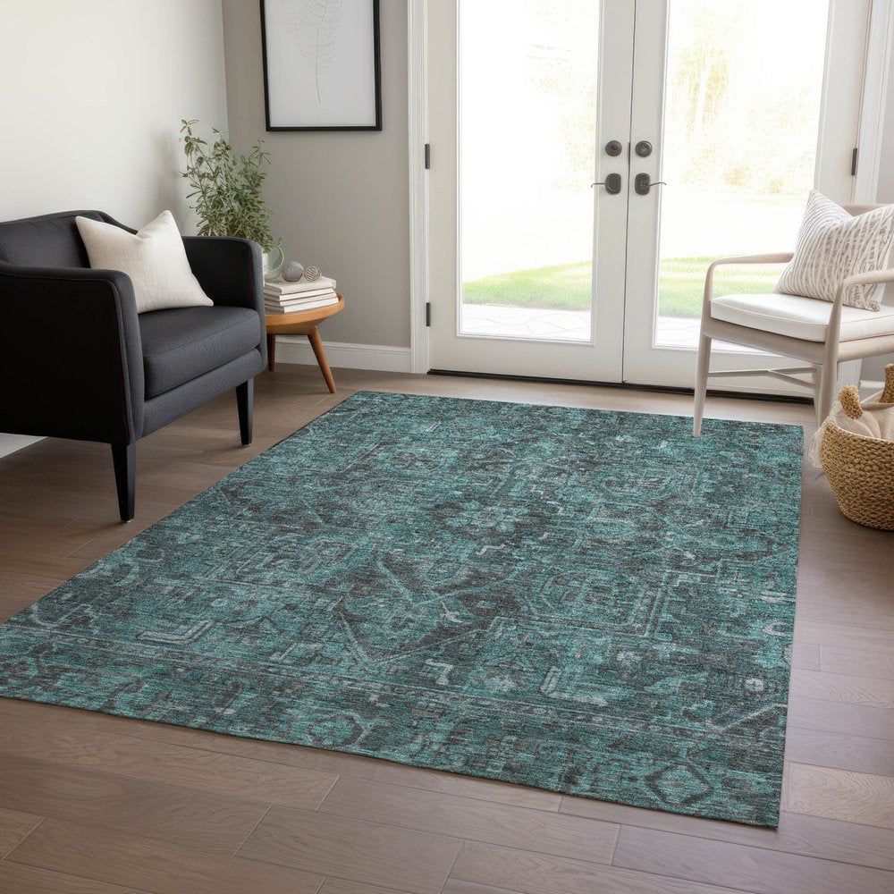 10' X 14' Turquoise Oriental Washable Non Skid Indoor Outdoor Area Rug