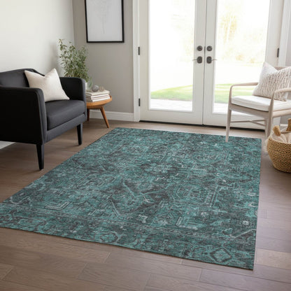 10' X 14' Turquoise Oriental Washable Non Skid Indoor Outdoor Area Rug