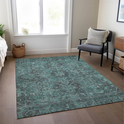 10' X 14' Turquoise Oriental Washable Non Skid Indoor Outdoor Area Rug