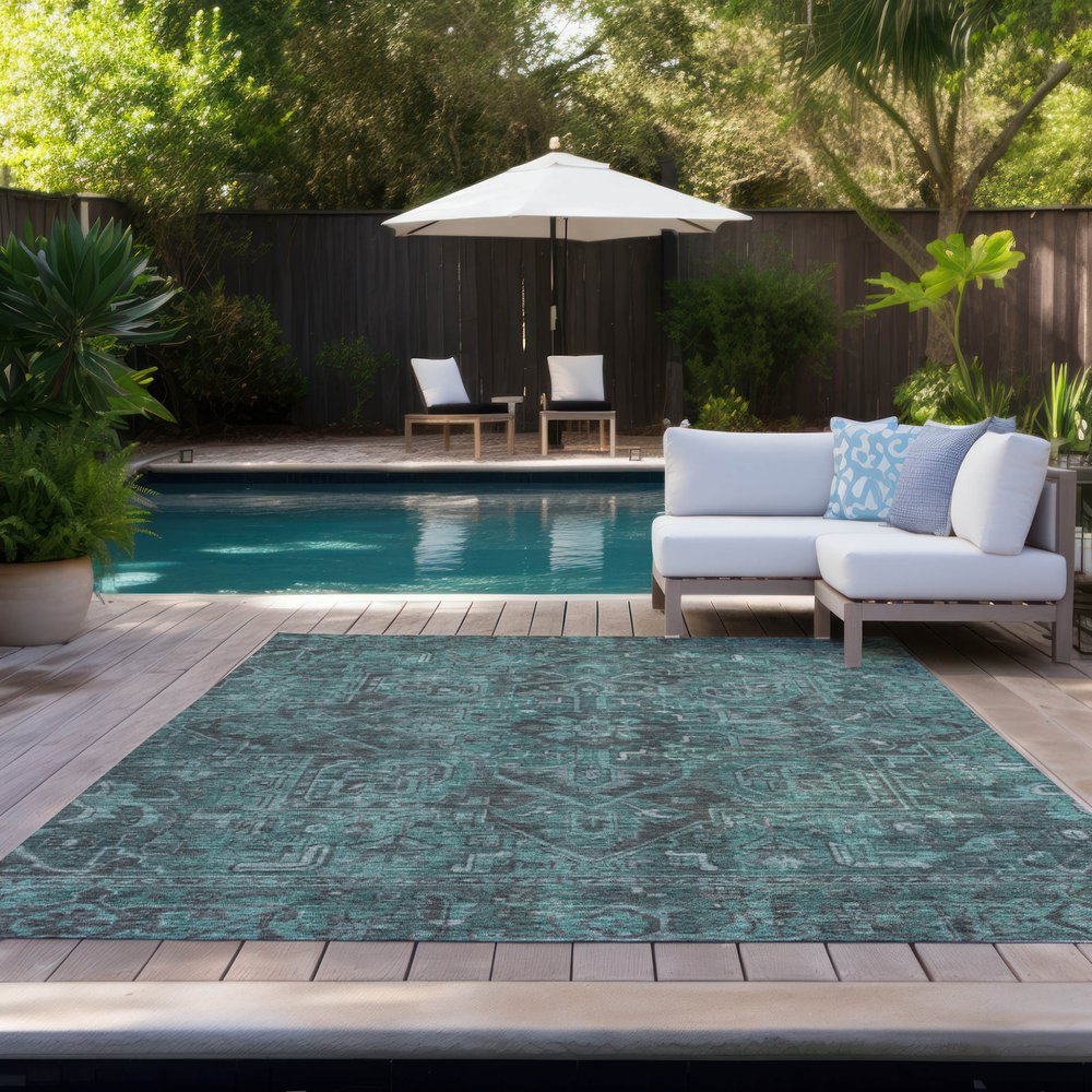 10' X 14' Turquoise Oriental Washable Non Skid Indoor Outdoor Area Rug