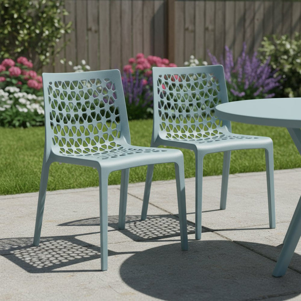 Set of Two Baby Blue Heavy Duty Plastic Outdoor Stacking Dining Chairs