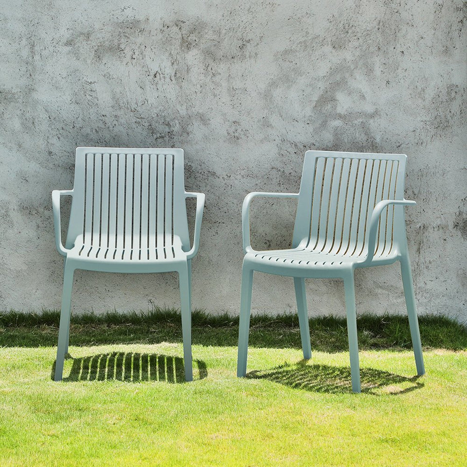 Set of Two Baby Blue Heavy Duty Plastic Outdoor Stacking Arm Chairs