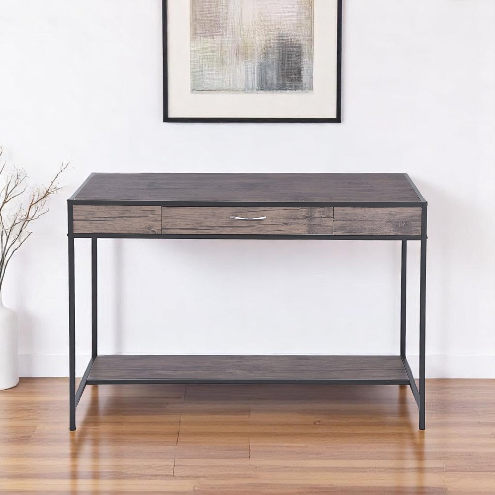 43" Brown and Black Wood and Metal H-Shape Computer Desk