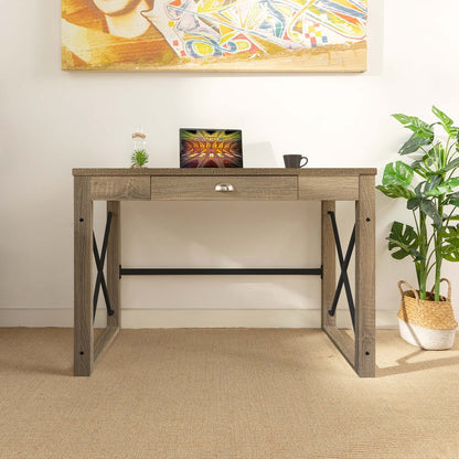 44" Oak and Black Wood and Metal Sled Computer Desk