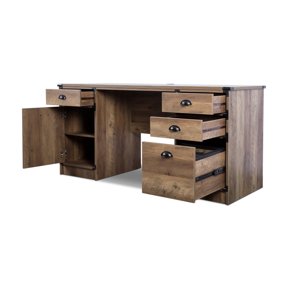 59" Oak Wood Pedestal Computer Desk With Four Drawers