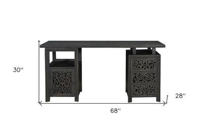 68" Black Carved Floral Scroll Solid Wood Computer Desk With Three Drawers