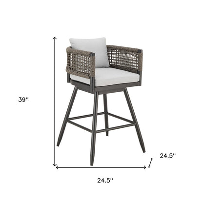 30" Black and Light Gray Aluminum Swivel Rope Back Outdoor Bar Height Chair with Footrest