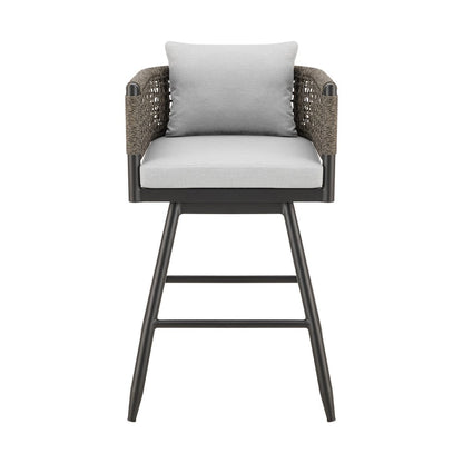 30" Black and Light Gray Aluminum Swivel Rope Back Outdoor Bar Height Chair with Footrest