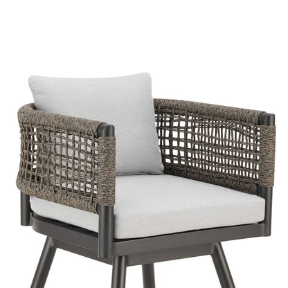 30" Black and Light Gray Aluminum Swivel Rope Back Outdoor Bar Height Chair with Footrest