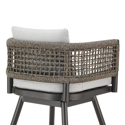30" Black and Light Gray Aluminum Swivel Rope Back Outdoor Bar Height Chair with Footrest