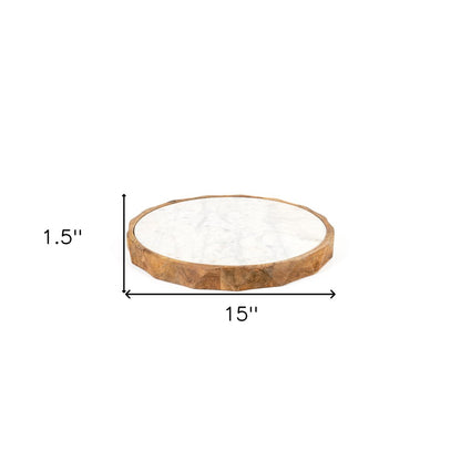 15" Brown And White Marble And Solid Wood Round Cheese Board