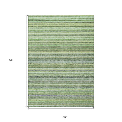 3' X 5' Artichoke Green And Olive Green Striped Washable Indoor Outdoor Area Rug