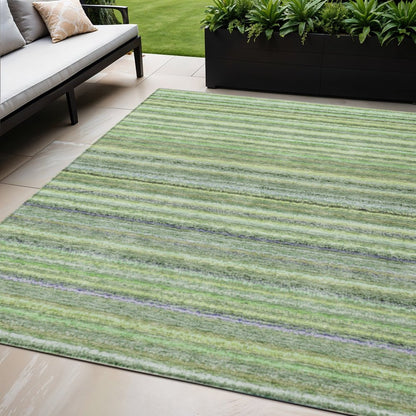 3' X 5' Artichoke Green And Olive Green Striped Washable Indoor Outdoor Area Rug