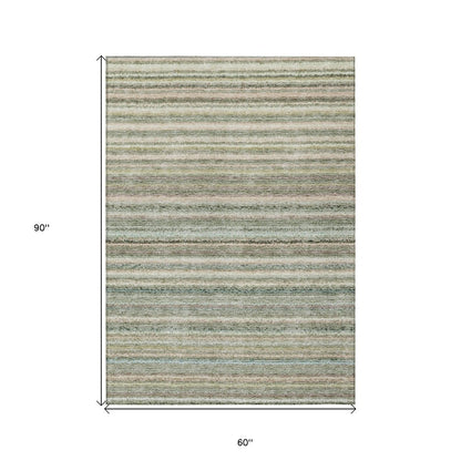 3' X 5' Sage Mint Green And Beige Striped Washable Indoor Outdoor Area Rug