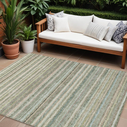 3' X 5' Sage Mint Green And Beige Striped Washable Indoor Outdoor Area Rug