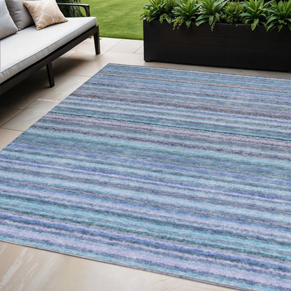 3' X 5' Sky Blue And Navy Blue Striped Washable Indoor Outdoor Area Rug
