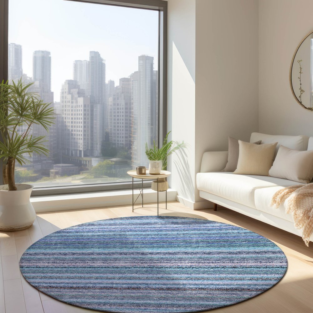 3' X 5' Sky Blue And Navy Blue Striped Washable Indoor Outdoor Area Rug