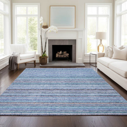 3' X 5' Sky Blue And Navy Blue Striped Washable Indoor Outdoor Area Rug