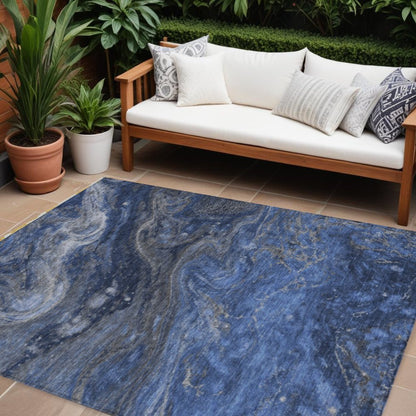 3' X 5' Denim Blue And Sky Blue Abstract Washable Indoor Outdoor Area Rug