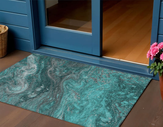 3' X 5' Teal Blue Aqua And Gray Abstract Washable Indoor Outdoor Area Rug
