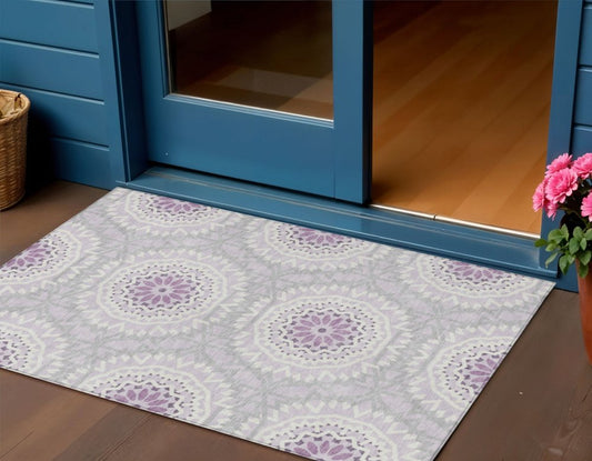 3' X 5' Lilac Purple And Ivory Floral Medallion Washable Indoor Outdoor Area Rug