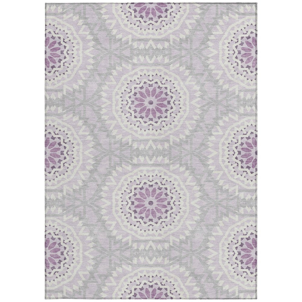 8' X 10' Lilac Purple And Ivory Floral Medallion Washable Indoor Outdoor Area Rug