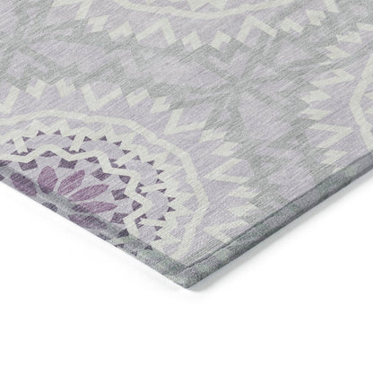 8' X 10' Lilac Purple And Ivory Floral Medallion Washable Indoor Outdoor Area Rug