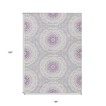8' X 10' Lilac Purple And Ivory Floral Medallion Washable Indoor Outdoor Area Rug