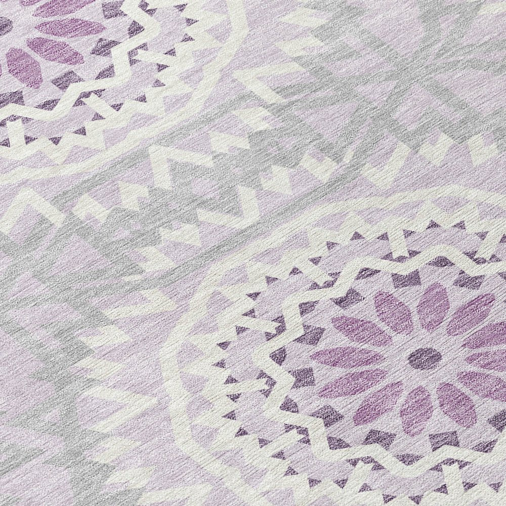 8' X 10' Lilac Purple And Ivory Floral Medallion Washable Indoor Outdoor Area Rug