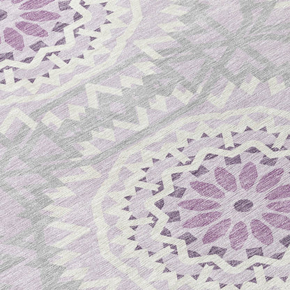 8' X 10' Lilac Purple And Ivory Floral Medallion Washable Indoor Outdoor Area Rug
