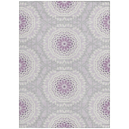 8' X 10' Lilac Purple And Ivory Floral Medallion Washable Indoor Outdoor Area Rug