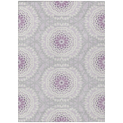 8' X 10' Lilac Purple And Ivory Floral Medallion Washable Indoor Outdoor Area Rug