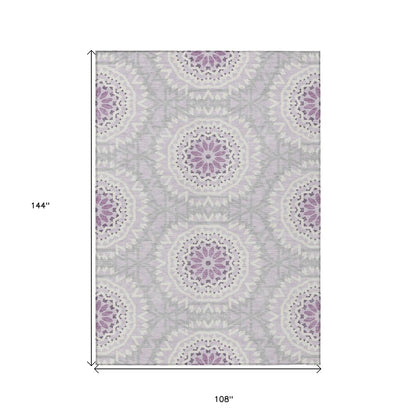 8' X 10' Lilac Purple And Ivory Floral Medallion Washable Indoor Outdoor Area Rug