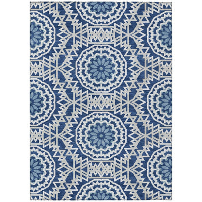 3' X 5' Navy Blue Ivory And Gray Floral Medallion Washable Indoor Outdoor Area Rug