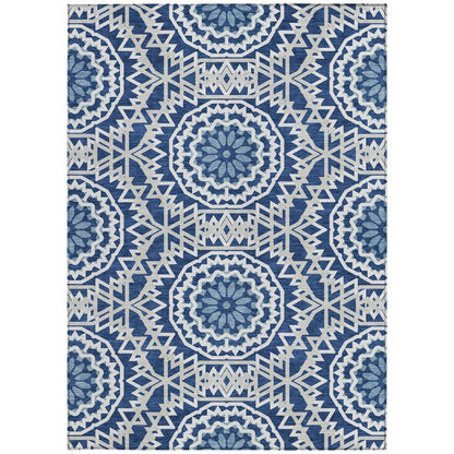 3' X 5' Navy Blue Ivory And Gray Floral Medallion Washable Indoor Outdoor Area Rug