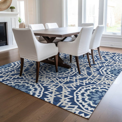 3' X 5' Navy Blue Ivory And Gray Floral Medallion Washable Indoor Outdoor Area Rug