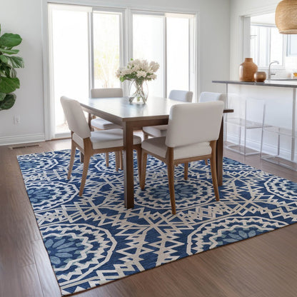 3' X 5' Navy Blue Ivory And Gray Floral Medallion Washable Indoor Outdoor Area Rug